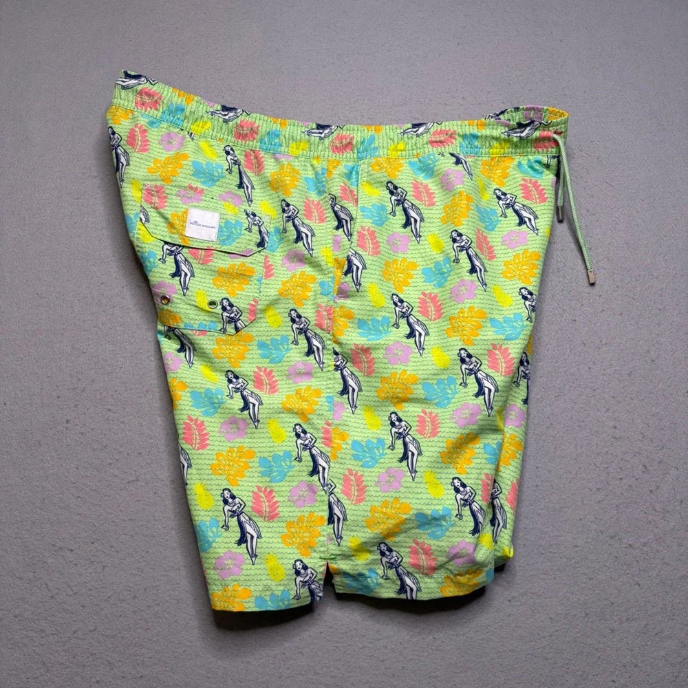 Peter Millar Swim Trunks Mens XL Green MS17P07 Hula Girl Tropical Print Shorts